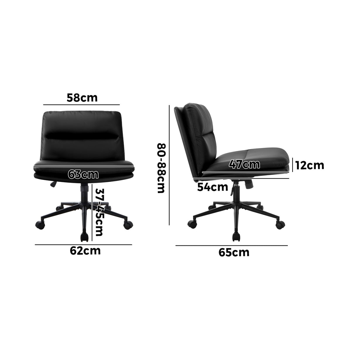 OCH-ROLCROSS-LEA-BK Oikiture Mid Back Armless Office Desk Chair Wide Seat Leather Black with Wheels