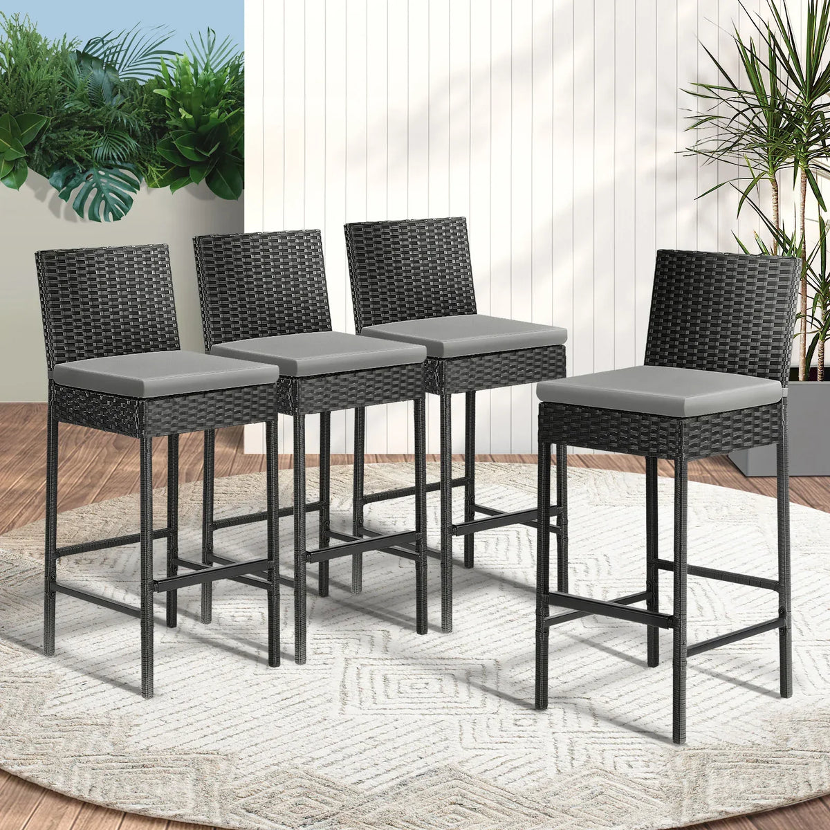 OD-BAR-CH4X-BK Livsip Garden Bar Stools Rattan Dinning Chairs Cafe Outdoor Patio Chairs 4X