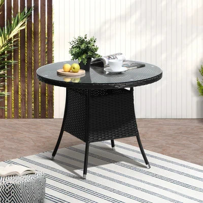 ODDS-RTN-TB90-BK Livsip Outdoor Dining Table 90CM Round Rattan Glass Table Patio Furniture Black