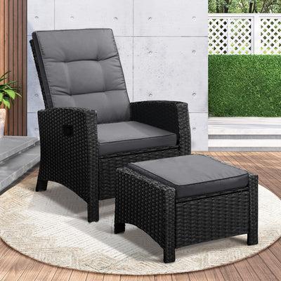 ODR-FW-CHFTR-BK Livsip Outdoor Recliner Chairs Sun Lounge Wicker Sofa Patio Furniture Garden