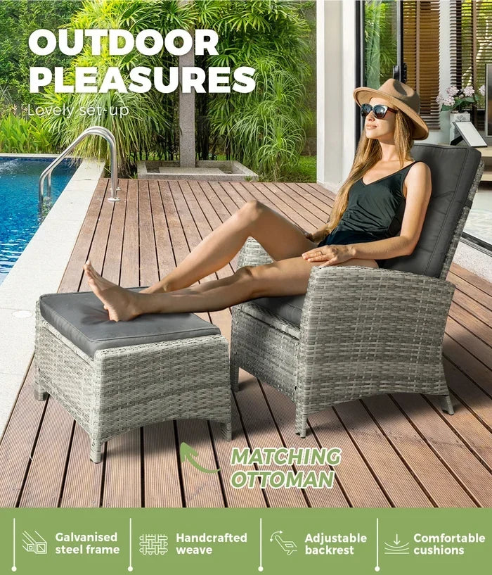 ODR-FW-CHFTR-GY Livsip Outdoor Recliner Chairs Sun Lounge Wicker Sofa Patio Furniture Garden