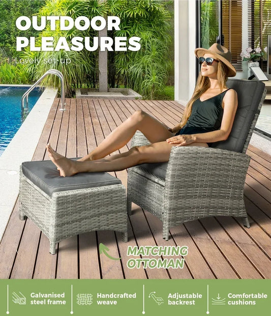 ODR-FW-CHFTR-GY Livsip Outdoor Recliner Chairs Sun Lounge Wicker Sofa Patio Furniture Garden