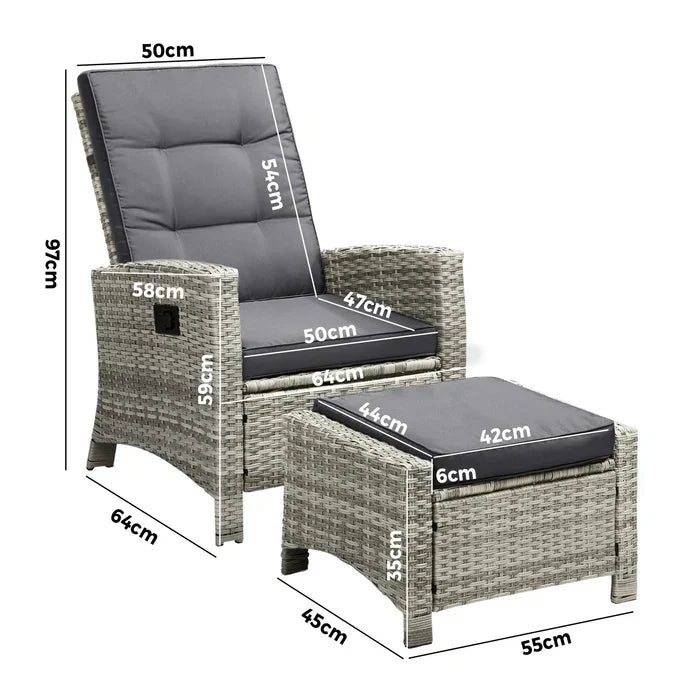 ODR-FW-CHFTR-GY Livsip Outdoor Recliner Chairs Sun Lounge Wicker Sofa Patio Furniture Garden