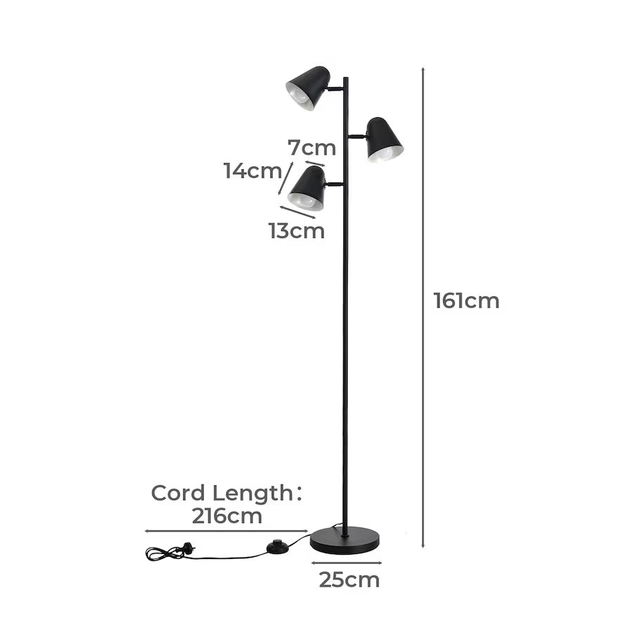 FL-A-TREE-161H-BK Lumir Iron 3 Light Floor Lamp Oikiture 2-Head Floor Lamp Standing Lamp Black