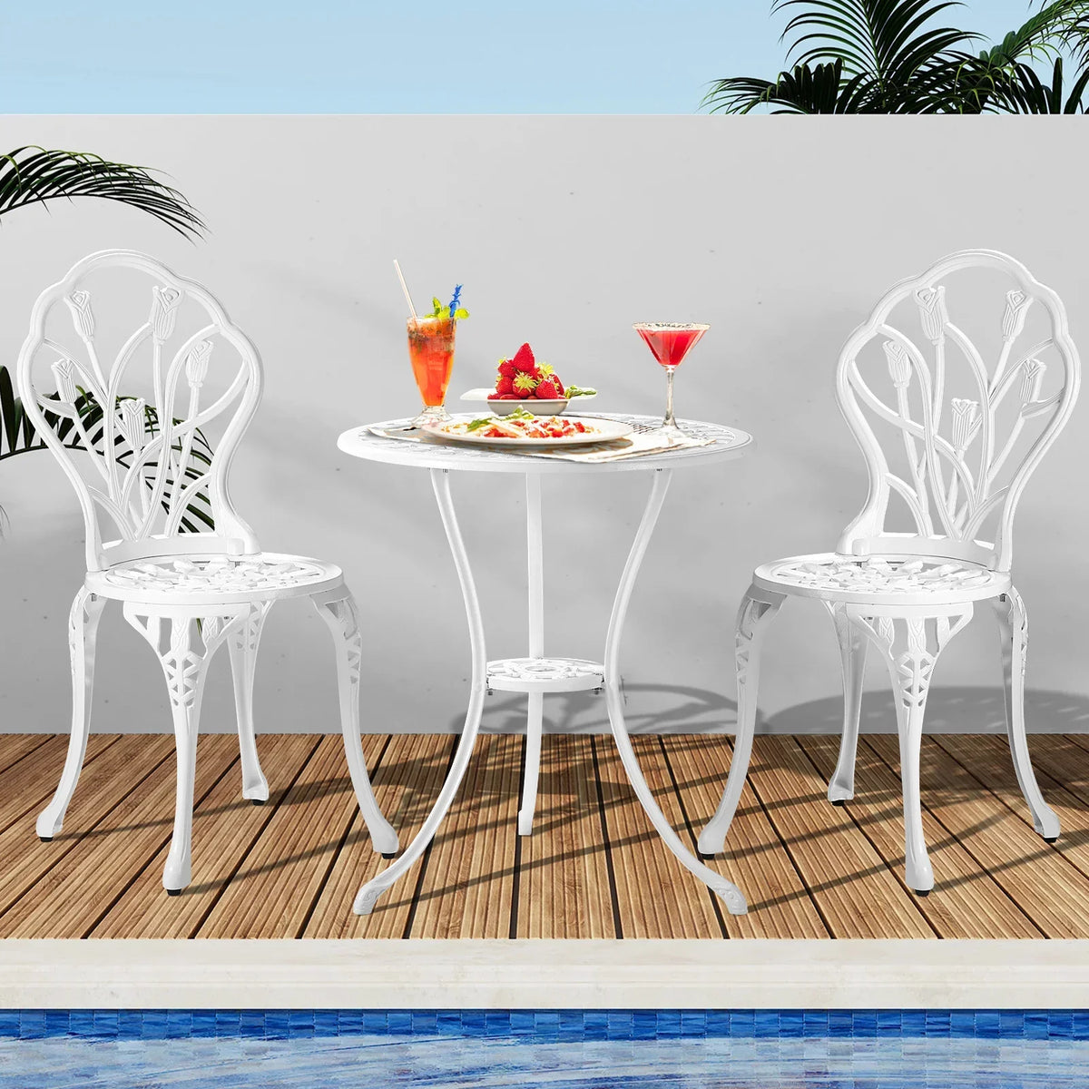 OPS-AL-TULIP-WH Livsip 3 Piece Outdoor Furniture Setting Chairs Table Bistro Patio Dining Set
