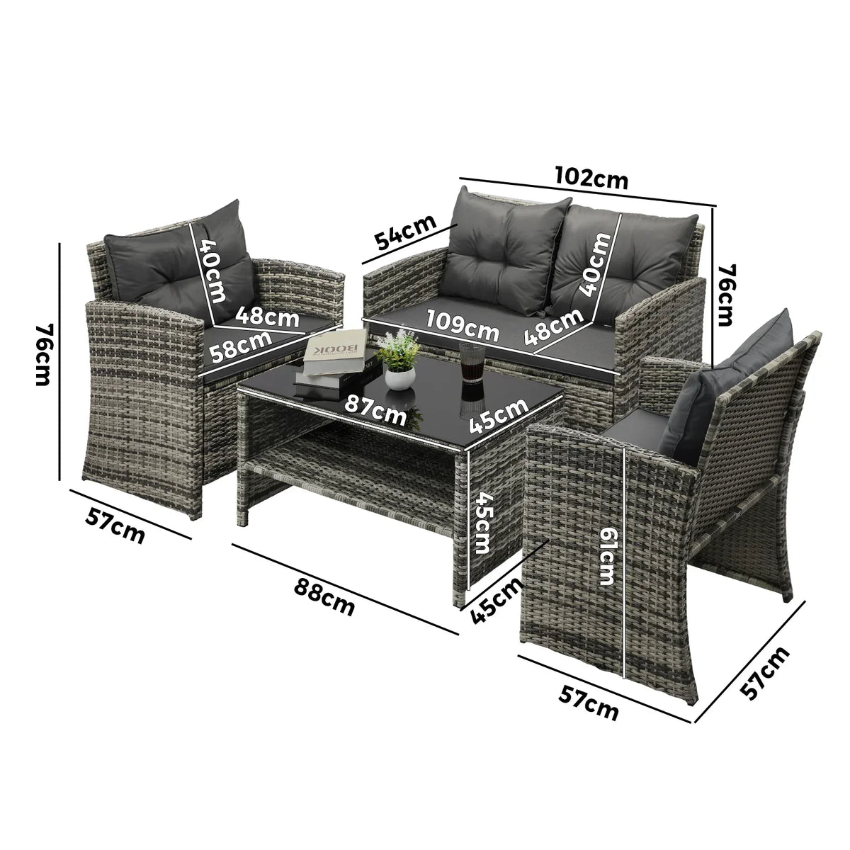 OPS-RTN-4C-GY-AB Livsip 4PCS Outdoor Sofa Set Patio Furniture Wicker Table Chair Garden Lounge 4Piece