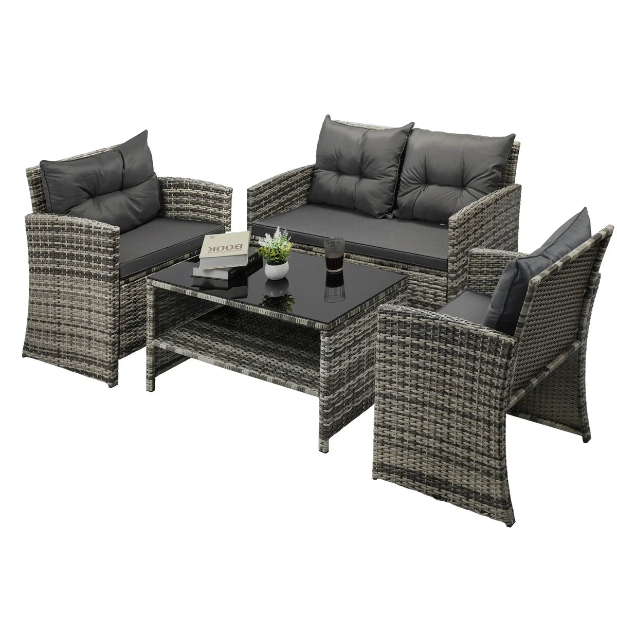 OPS-RTN-4C-GY-AB Livsip 4PCS Outdoor Sofa Set Patio Furniture Wicker Table Chair Garden Lounge 4Piece
