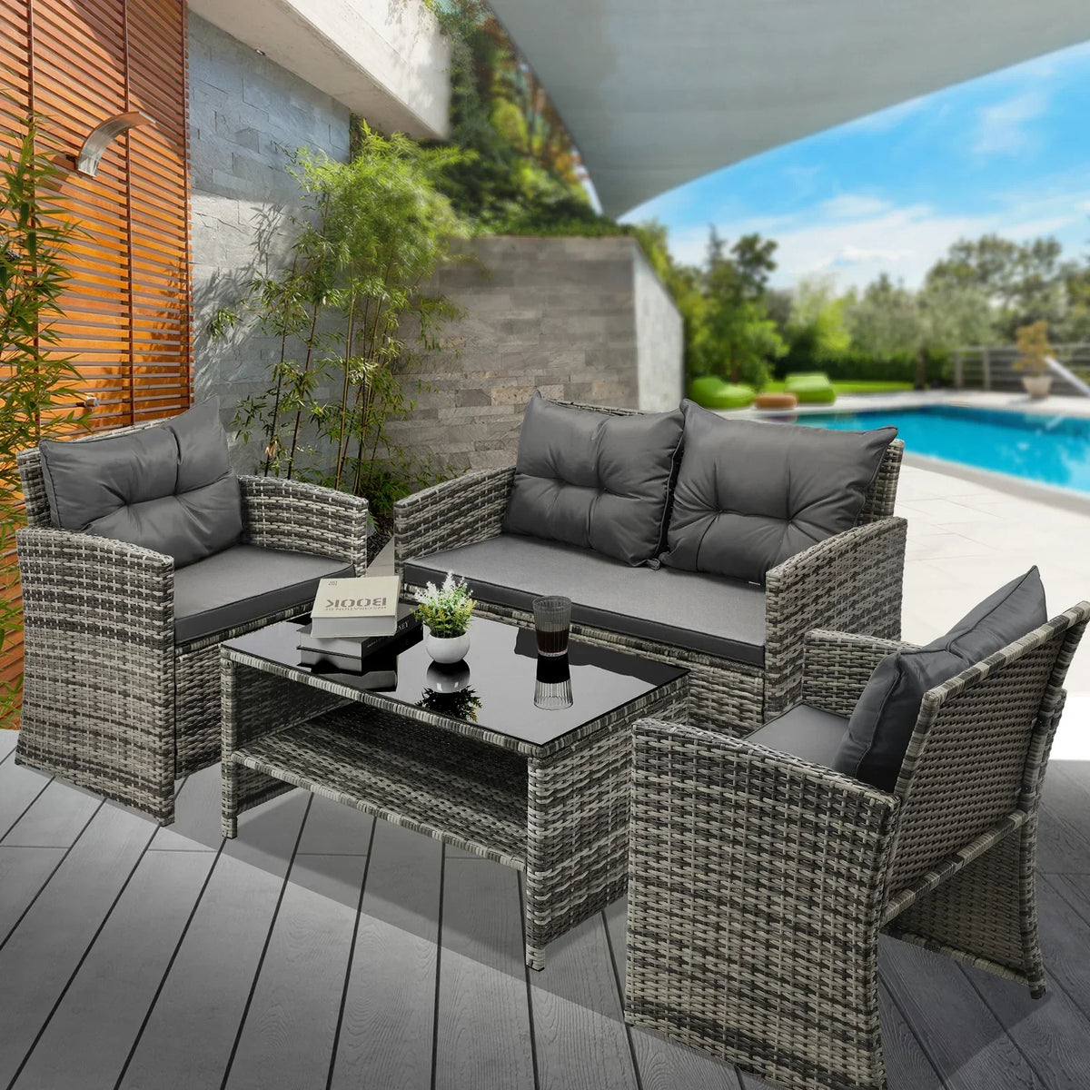 OPS-RTN-4C-GY-AB Livsip 4PCS Outdoor Sofa Set Patio Furniture Wicker Table Chair Garden Lounge 4Piece