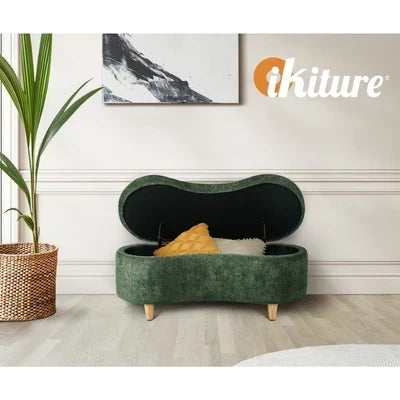 OTM-B-CASHEW-CH-GN Oikiture Storage Ottoman Cashew Footstool Chenille Chest Bench Blanket Box Green