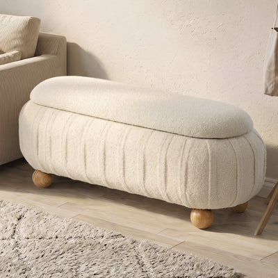 OTM-B-COCO-SP-BG Oikiture 103cm Teddy Boucle Storage Ottoman Oval Bench Chest Ball Legs Beige