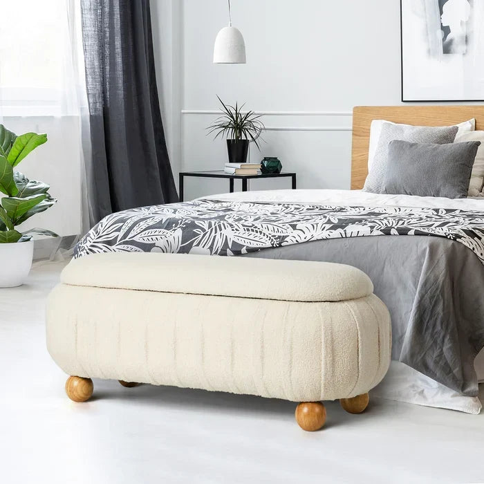 OTM-B-COCO-SP-BG Oikiture 103cm Teddy Boucle Storage Ottoman Oval Bench Chest Ball Legs Beige