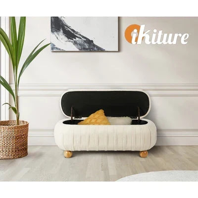 OTM-B-COCO-SP-BG Oikiture 103cm Teddy Boucle Storage Ottoman Oval Bench Chest Ball Legs Beige