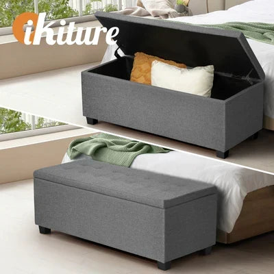 OTM-BUT-LIN-GY Oikiture Storage Ottoman Blanket Box Faux Linen Chest Toy Foot Stool LARGE Grey