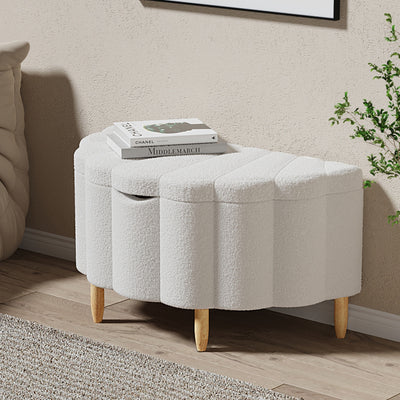 OTM-ELSA-SP-WH Oikiture Storage Ottoman Scallop Boucle Blanket Box Fleece Foot Stool Seat Chest