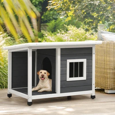 PET-KN-DAV-GYWH Alopet Dog Kennel House Outdoor Pet Wooden Cage Kennels Indoor Cabin Box Awning