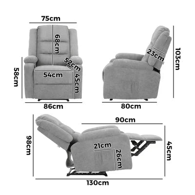 RCH-B2-NICE-GY-AB Oikiture Recliner Chair ArmChair Padded Lounge With Side Pocket Polyester Grey