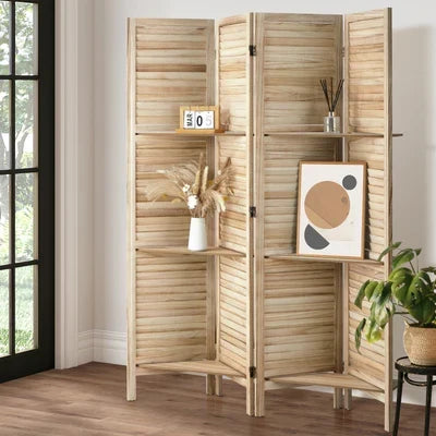 RD-SHELF-4P-WD Oikiture 4 Panel Room Divider Privacy Screen With Shelves Timber Wooden Natural