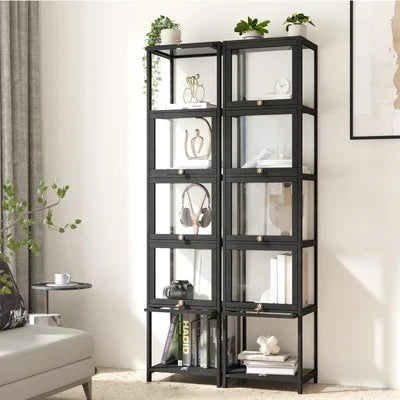 SB-DISPLAY-540-BK Oikiture Display Cabinet Slim Storage 5-Tier Shelves Clear Bookcase Rack Black