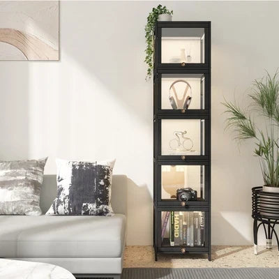 SB-DISPLAY-540-BK Oikiture Display Cabinet Slim Storage 5-Tier Shelves Clear Bookcase Rack Black