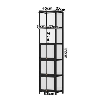 SB-DISPLAY-540-BK Oikiture Display Cabinet Slim Storage 5-Tier Shelves Clear Bookcase Rack Black