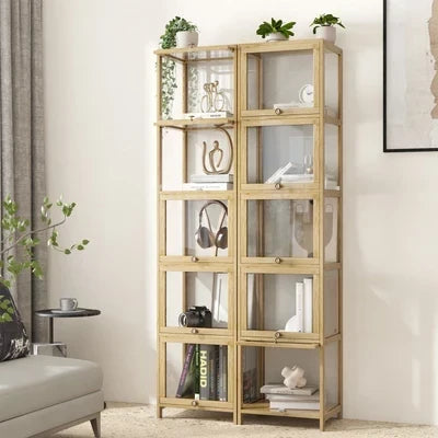 SB-DISPLAY-540-WD Oikiture Display Cabinet Slim Storage 5-Tier Shelves Clear Bookcase Rack Oak