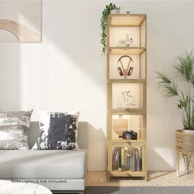 SB-DISPLAY-540-WD Oikiture Display Cabinet Slim Storage 5-Tier Shelves Clear Bookcase Rack Oak