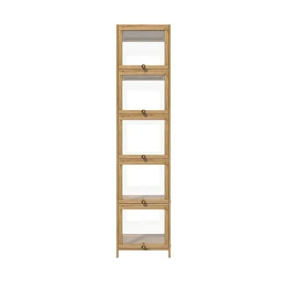 SB-DISPLAY-540-WD Oikiture Display Cabinet Slim Storage 5-Tier Shelves Clear Bookcase Rack Oak