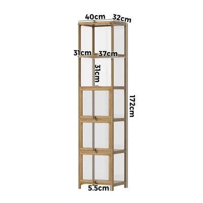 SB-DISPLAY-540-WD Oikiture Display Cabinet Slim Storage 5-Tier Shelves Clear Bookcase Rack Oak