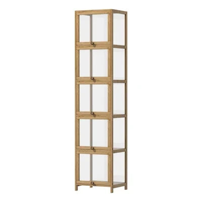 SB-DISPLAY-540-WD Oikiture Display Cabinet Slim Storage 5-Tier Shelves Clear Bookcase Rack Oak