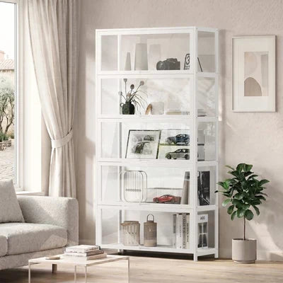 SB-DISPLAY-590-WH Oikiture Display Cabinet Storage 5-Tier Shelves Tall Clear Bookcase Rack White