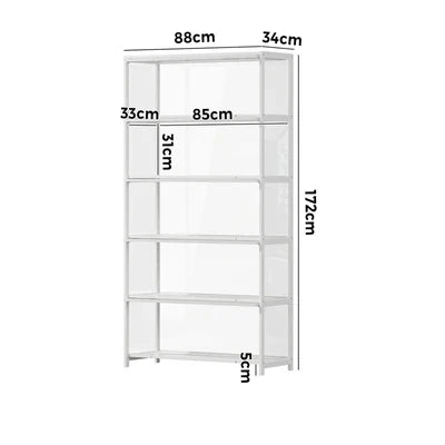 SB-DISPLAY-590-WH Oikiture Display Cabinet Storage 5-Tier Shelves Tall Clear Bookcase Rack White