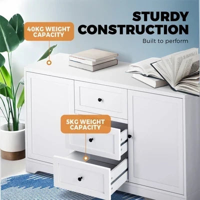 SB-HAMP-D5-WH-AB Oikiture Buffet Sideboard Cabinet Storage Cupboard Hallway Hamptons Furniture
