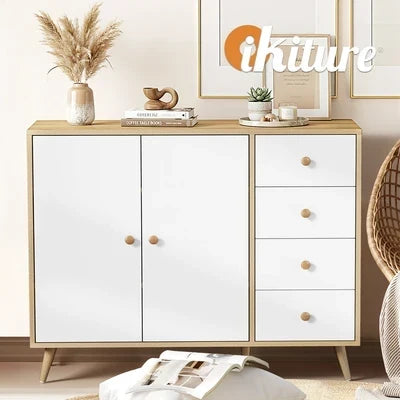 SB-LISA-D2-WHWD Oikiture Buffet Sideboard Cabinet 4 Drawers Storage Cupboard Hallway Table