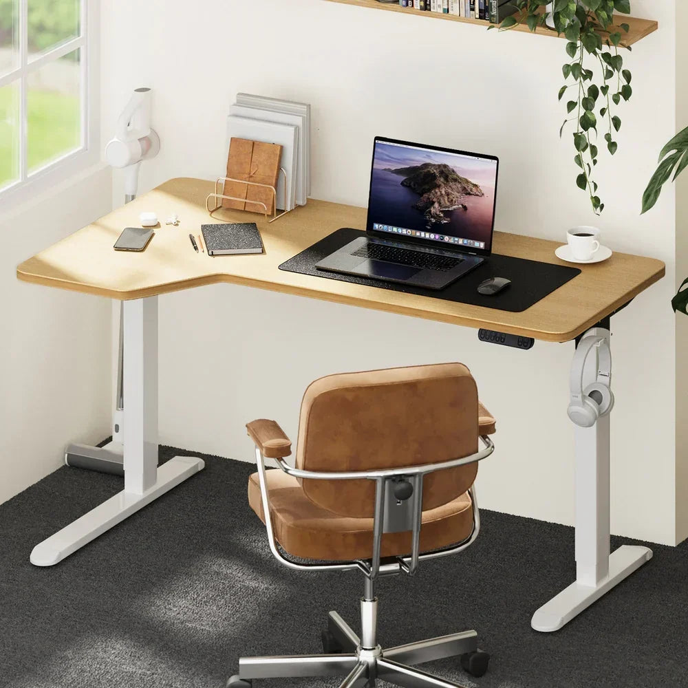 SD-LEG-L145M-WH+DB-SLIM-L145-OAK Oikiture L-shape Electric Standing Desk Single Motor White Frame Oak Top 145CM Desktop