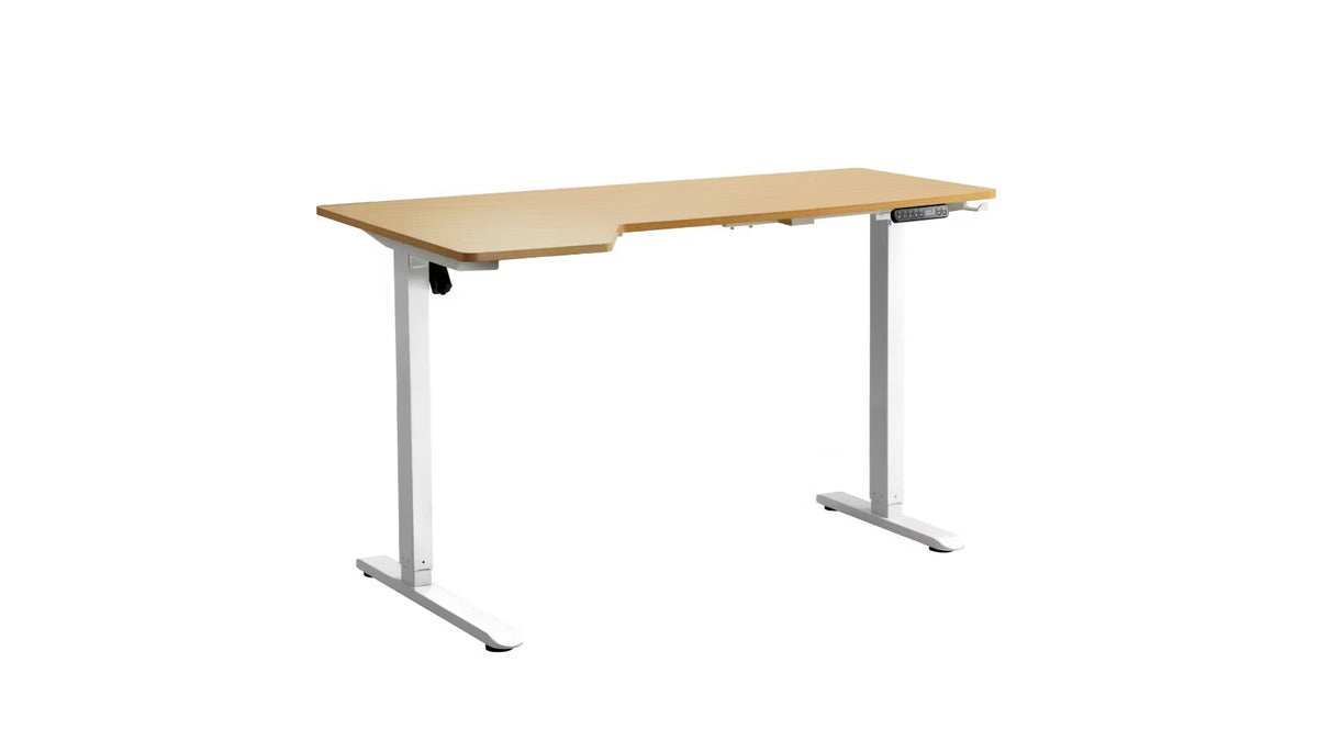 SD-LEG-L145M-WH+DB-SLIM-L145-OAK Oikiture L-shape Electric Standing Desk Single Motor White Frame Oak Top 145CM Desktop