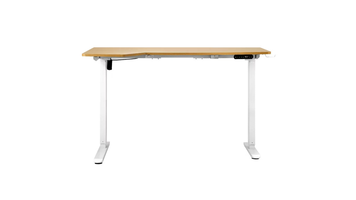 SD-LEG-L145M-WH+DB-SLIM-L145-OAK Oikiture L-shape Electric Standing Desk Single Motor White Frame Oak Top 145CM Desktop