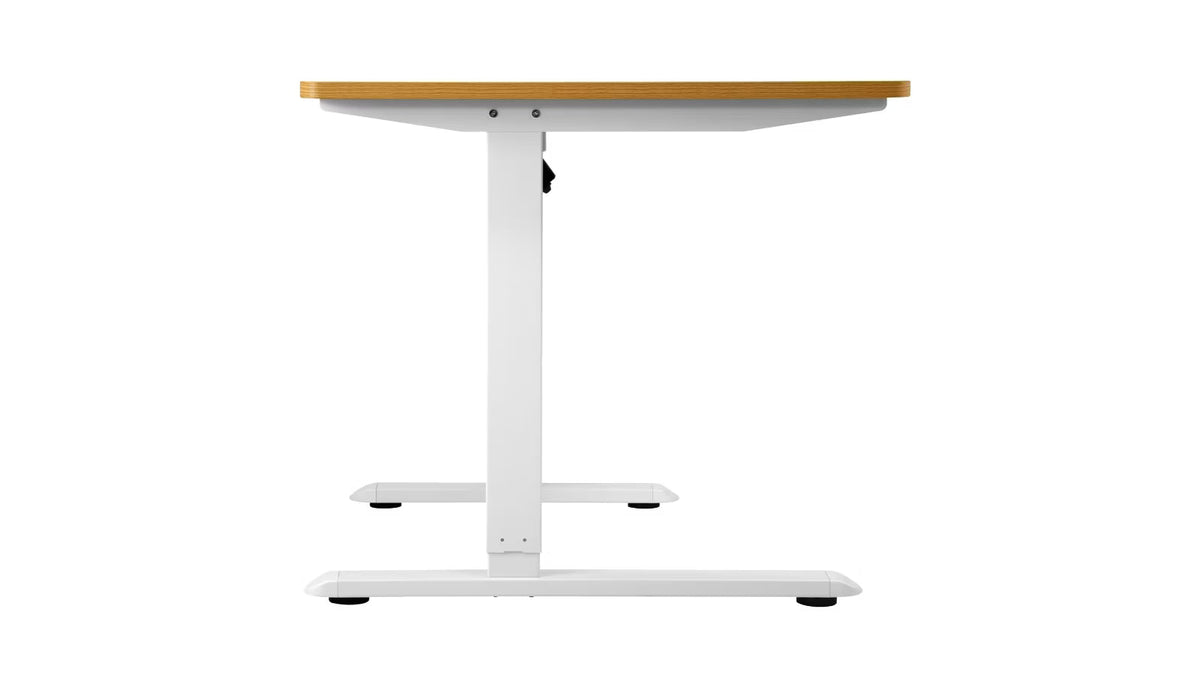 SD-LEG-L145M-WH+DB-SLIM-L145-OAK Oikiture L-shape Electric Standing Desk Single Motor White Frame Oak Top 145CM Desktop