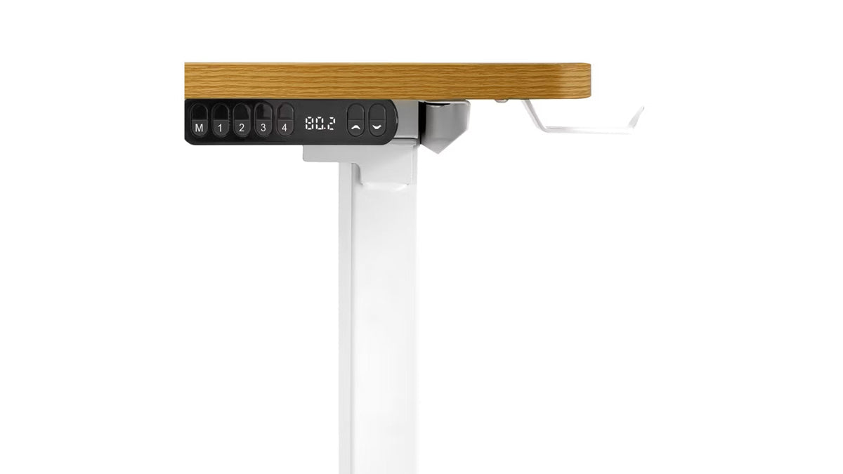 SD-LEG-L145M-WH+DB-SLIM-L145-OAK Oikiture L-shape Electric Standing Desk Single Motor White Frame Oak Top 145CM Desktop