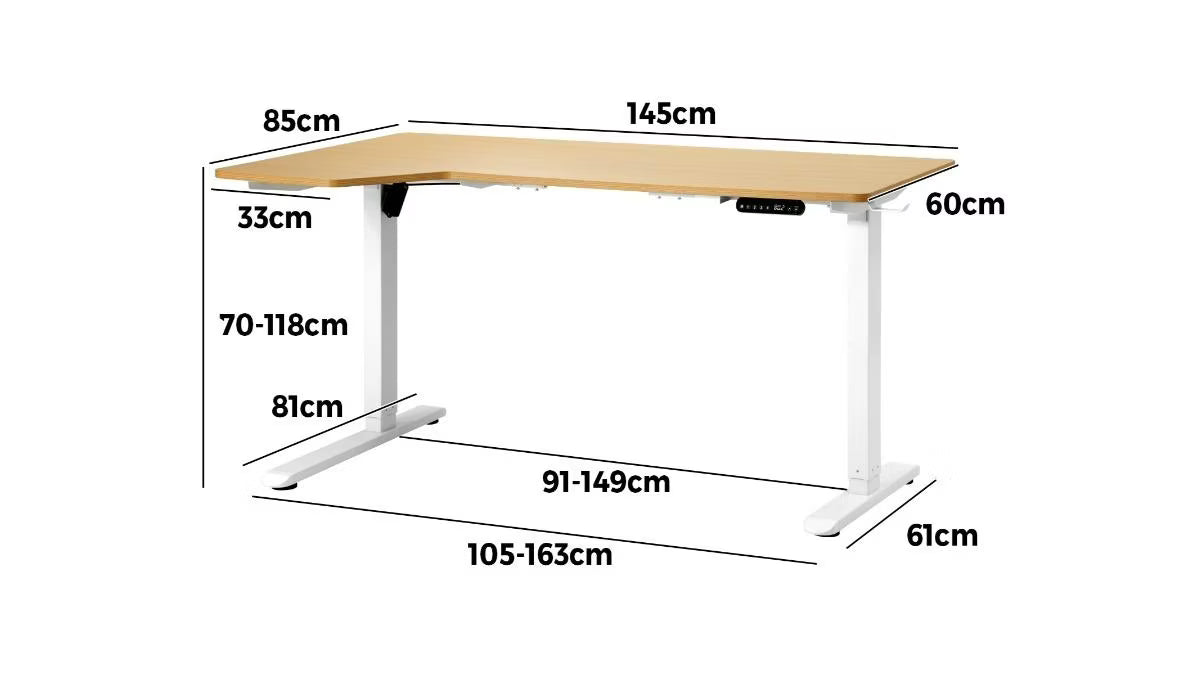 SD-LEG-L145M-WH+DB-SLIM-L145-OAK Oikiture L-shape Electric Standing Desk Single Motor White Frame Oak Top 145CM Desktop