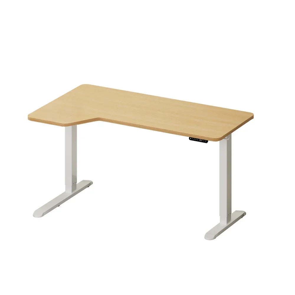 SD-LEG-L145M-WH+DB-SLIM-L145-OAK Oikiture L-shape Electric Standing Desk Single Motor White Frame Oak Top 145CM Desktop