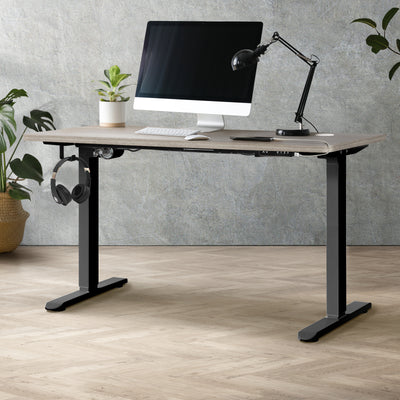 SD-LEG-M2-BK+DB-14-GYOAK Oikiture Electric Standing Desk Motorised Height Adjustable Office Desk USB Port