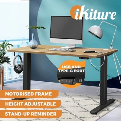 SD-LEG-M2-BK+DB-14-OAK Oikiture Electric Standing Desk Motorised Height Adjustable Office Desk USB Port