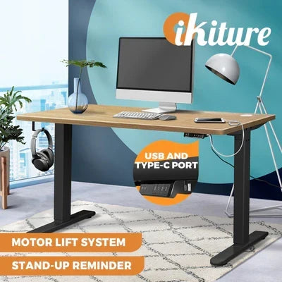 SD-LEG-M2-BK+DB-15-OAK Oikiture Electric Standing Desk Motorised Height Adjustable Office Desk USB Port