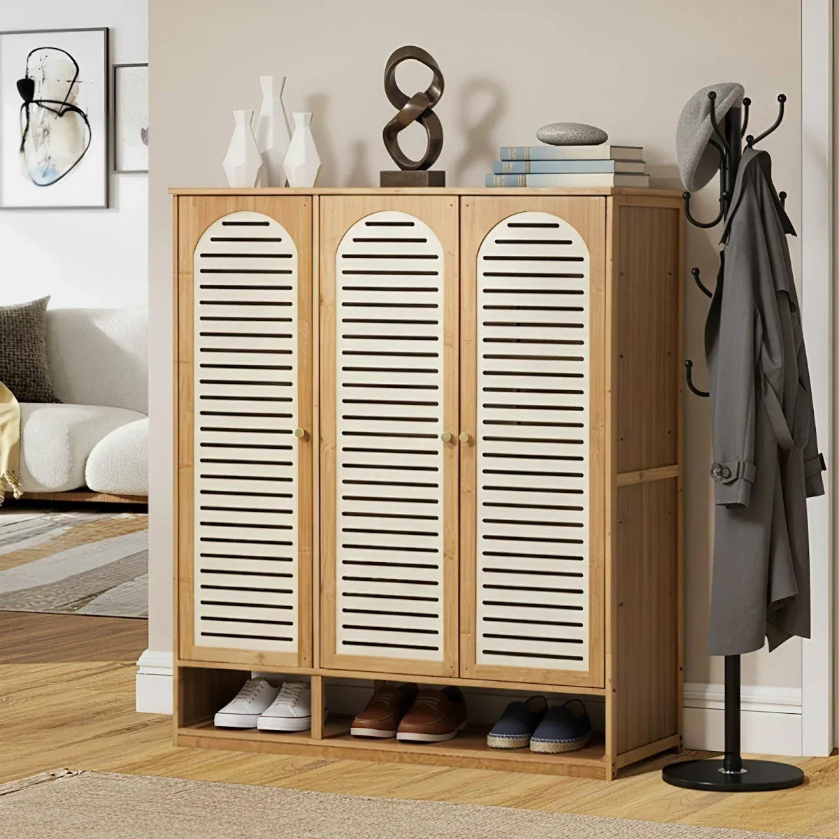 SS-BM-RTN-3D-WD Oikiture Brand New Shoe Cabinet with 3 Rattan Doors 6 Shelves