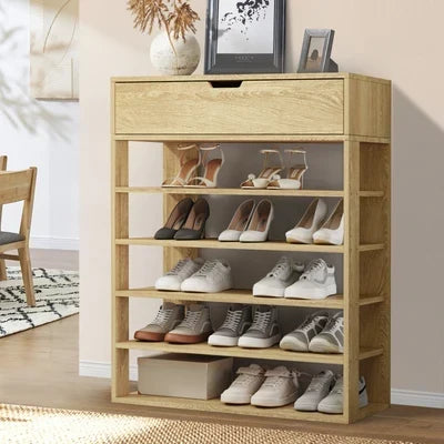 SS-BD-1D5S-WD Oikiture Shoes Storage Rack 5-tier Shelves Shoe Storage Cabinet Drawer Natural