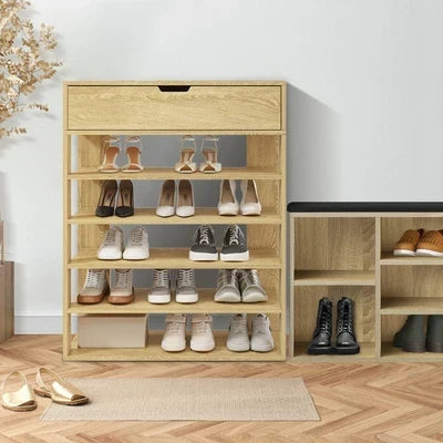 SS-BD-1D5S-WD Oikiture Shoes Storage Rack 5-tier Shelves Shoe Storage Cabinet Drawer Natural