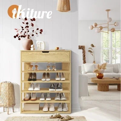 SS-BD-1D5S-WD Oikiture Shoes Storage Rack 5-tier Shelves Shoe Storage Cabinet Drawer Natural