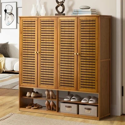 SS-BM-DUAL-4D-BR Oikiture Shoe Storage Cabinet 4 Doors Bamboo Organiser with 2 Bottom Shelf Brown