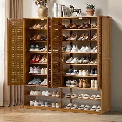 SS-BM-DUAL-4D-BR Oikiture Shoe Storage Cabinet 4 Doors Bamboo Organiser with 2 Bottom Shelf Brown