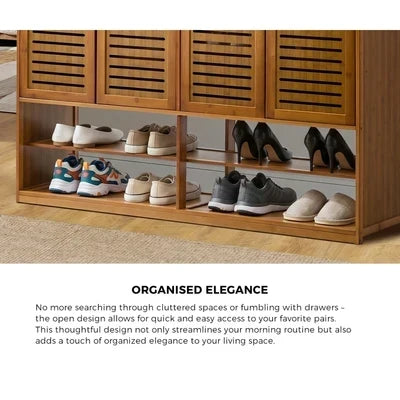 SS-BM-DUAL-4D-BR Oikiture Shoe Storage Cabinet 4 Doors Bamboo Organiser with 2 Bottom Shelf Brown